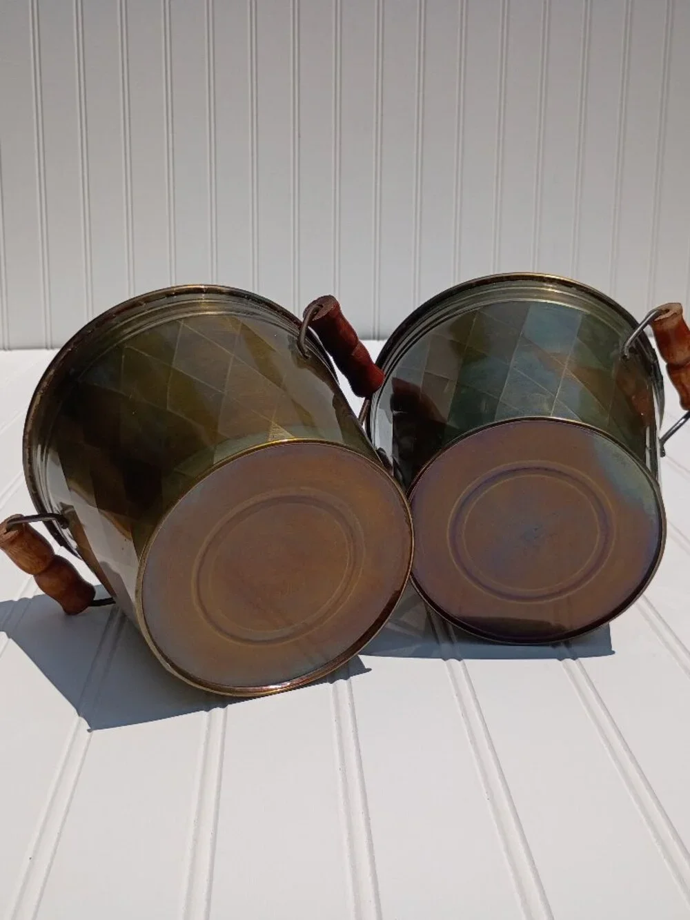 Vintage Brass Planters with Wooden Handles Set of 2 Diamond Pattern Pot Cachepot